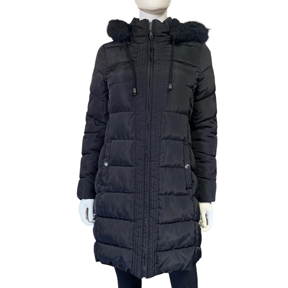 Sam Edelman XS Long Puffer Coat Hooded Faux Fur‎ Black Winter Parka Quilted Warm